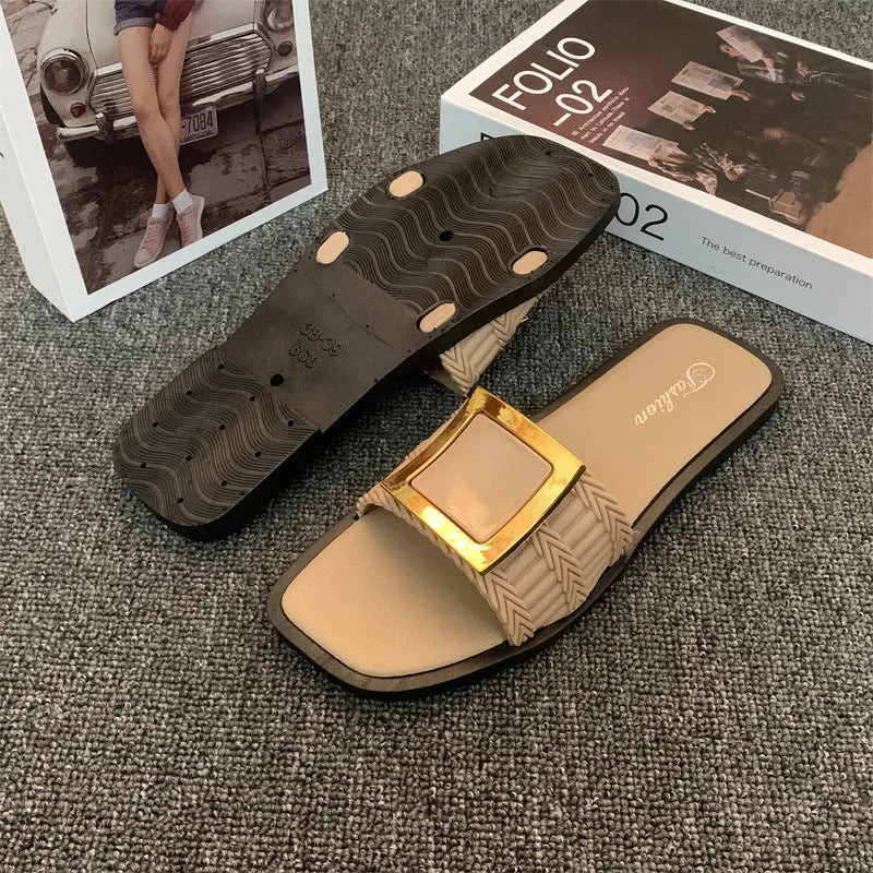 Women's flat summer slippers in apricot, black or khaki with PVC soles