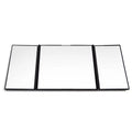 Silver car folding makeup mirror shown closed at 15.5cm width and opened at 30.5cm width