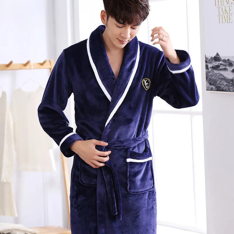 Flannel thickened long section bathrobe for men and women, wine red and white stripes, on a hanger