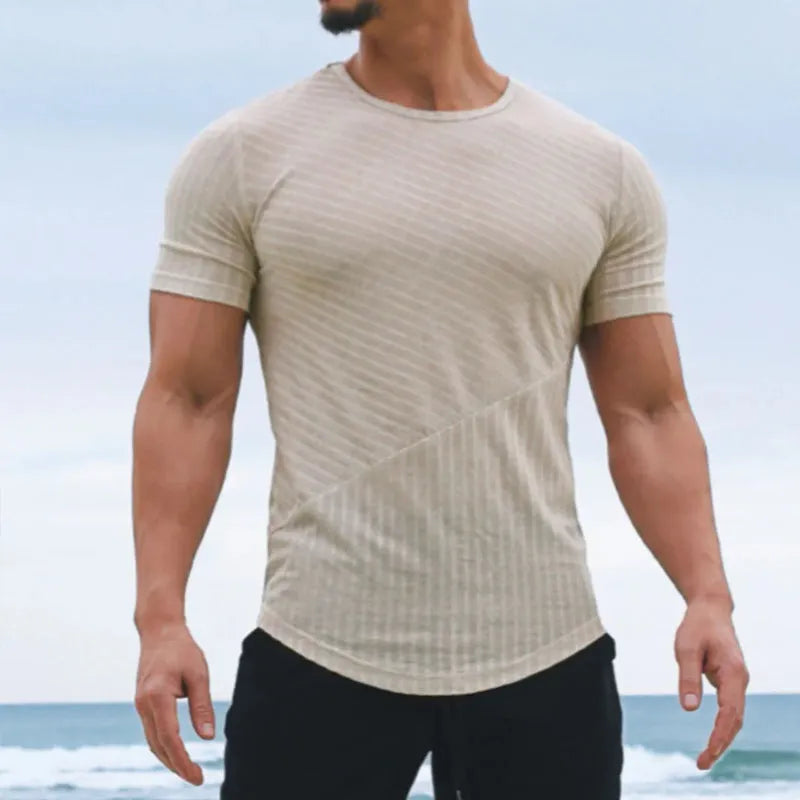 Men's white solid colour loose fit short sleeve cotton blend pullover t-shirt on model