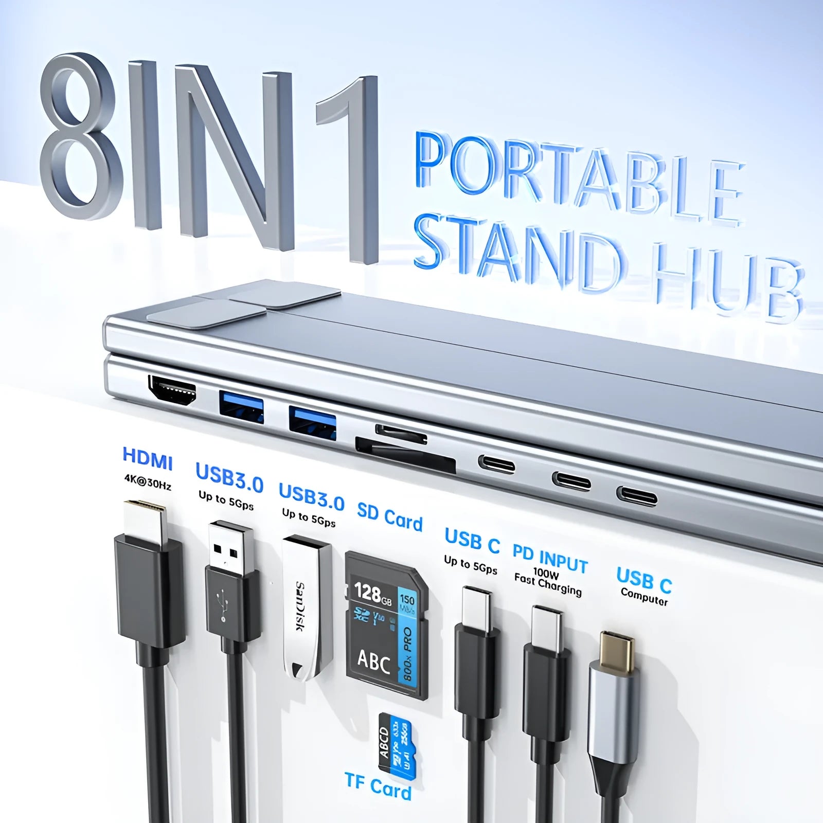 Silver aluminium folding laptop stand with integrated multi-port docking hub and HDMI port