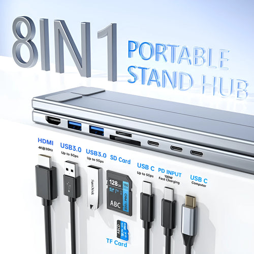 Silver aluminium folding laptop stand with integrated multi-port docking hub and HDMI port