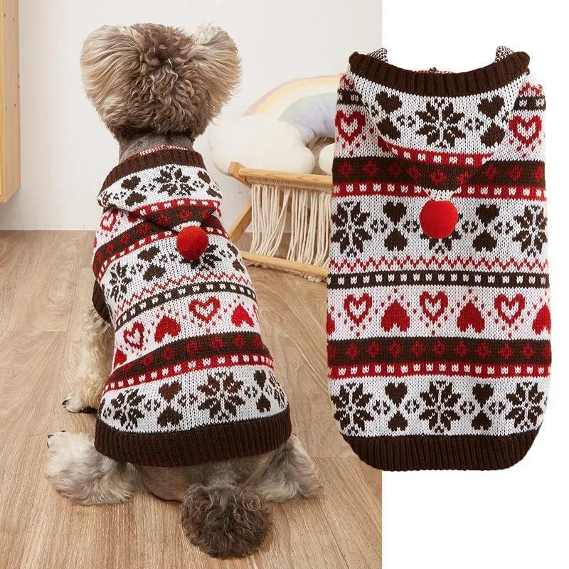 Acrylic knitted dog sweater with snowflake love striped camouflage pattern in pink blue grey colours