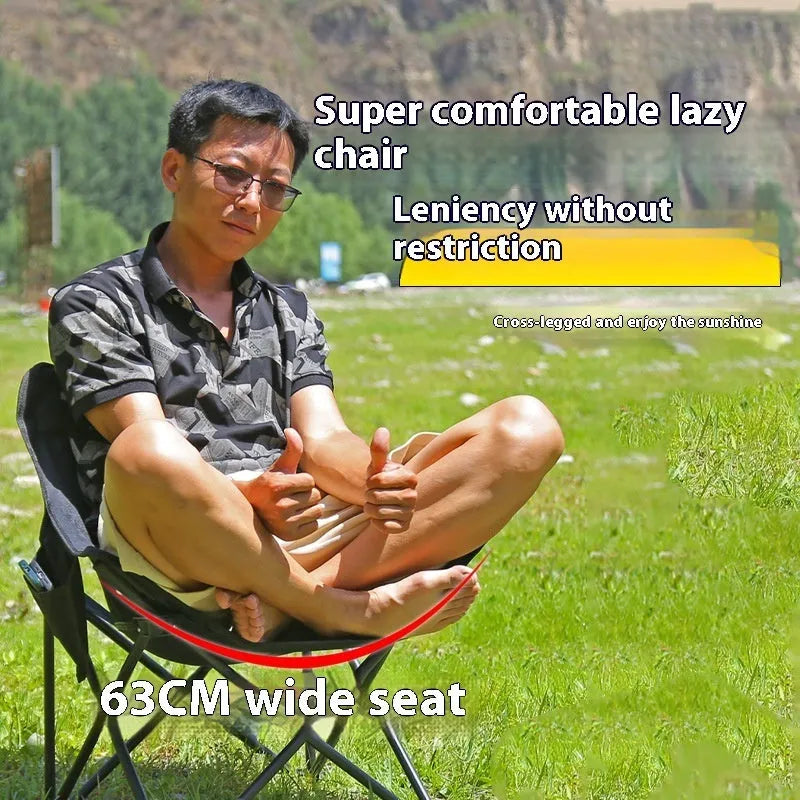 Folded and unfolded views of a portable outdoor recliner chair with steel frame and Oxford cloth seat