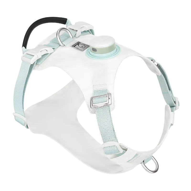 A light purple adjustable nylon dog harness with an LED light on the chest strap.