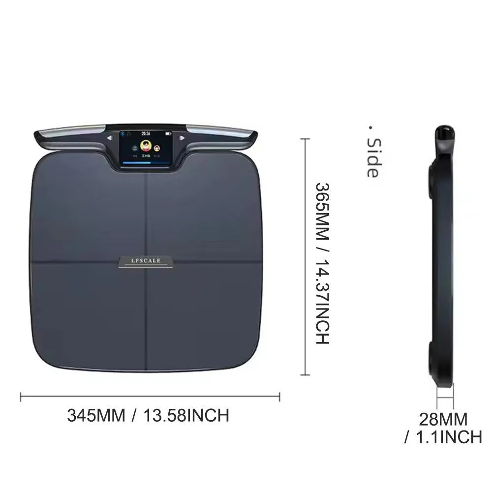 Black eight-electrode body fat scale measuring 45x45x8cm with intelligent electronic system