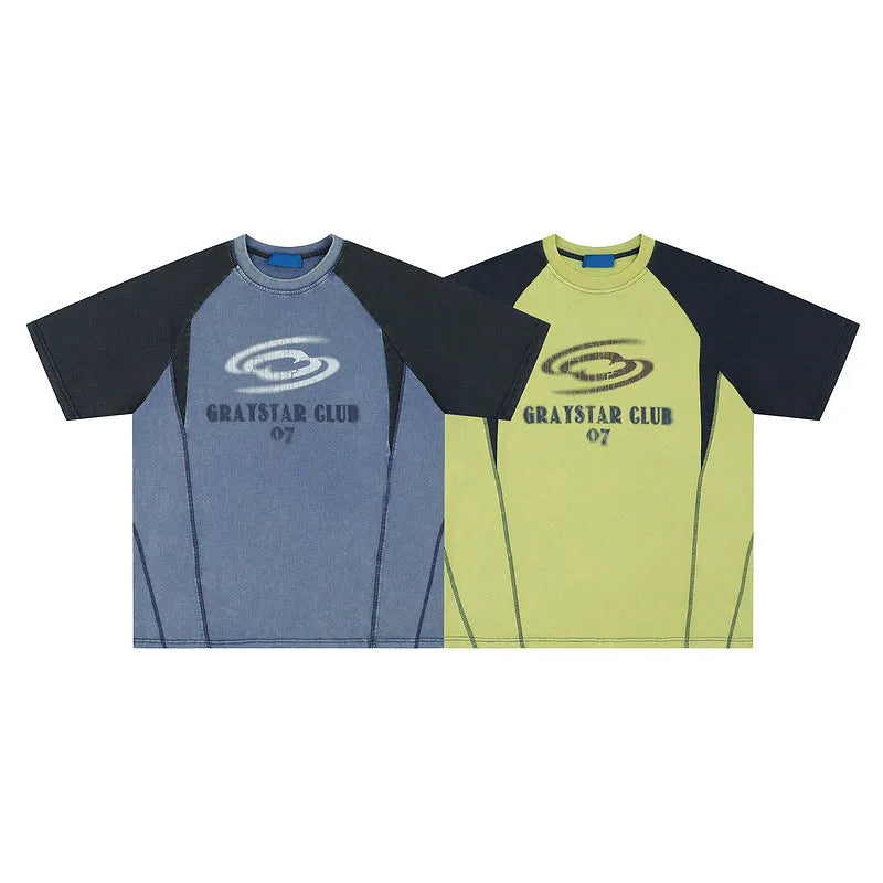 Men's blue hip hop letter print t-shirt with raglan sleeves and loose fit casual style