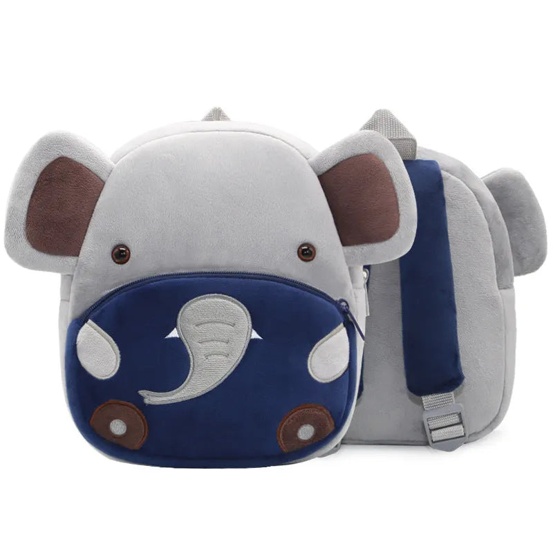 Children's plush animal backpack with zipper opening showing elephant design and dimensions 26x24x10cm