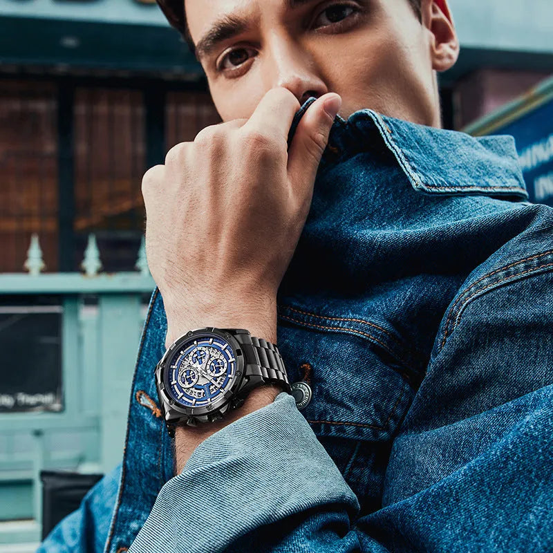 Men's waterproof luminous casual quartz watch with steel belt in black and blue, black and gold, or silver and white colour options