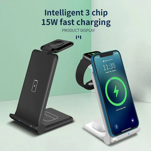 3 in 1 wireless charging station showing iPhone, AirPods and Apple Watch charging simultaneously