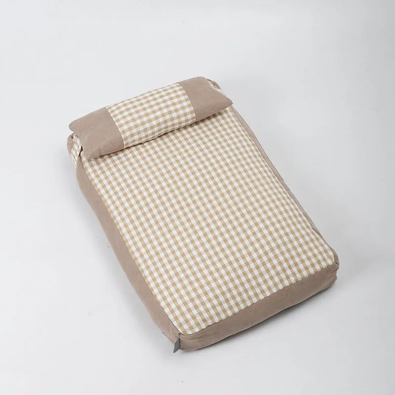 Pet plaid colour-matching kennel mattress with removable washable cover in khaki