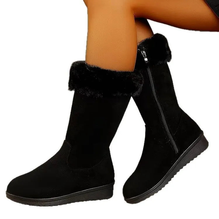 Fleece-lined mid-calf snow boots with waterproof platform, flat heel, round toe, beige and black colours