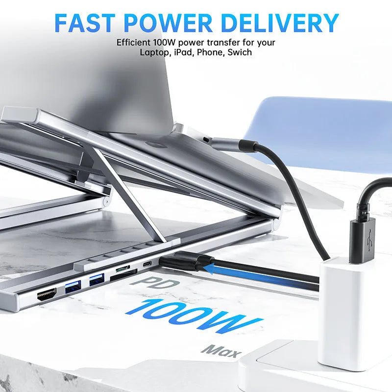 Silver aluminium folding laptop stand with integrated multi-port docking hub and HDMI port