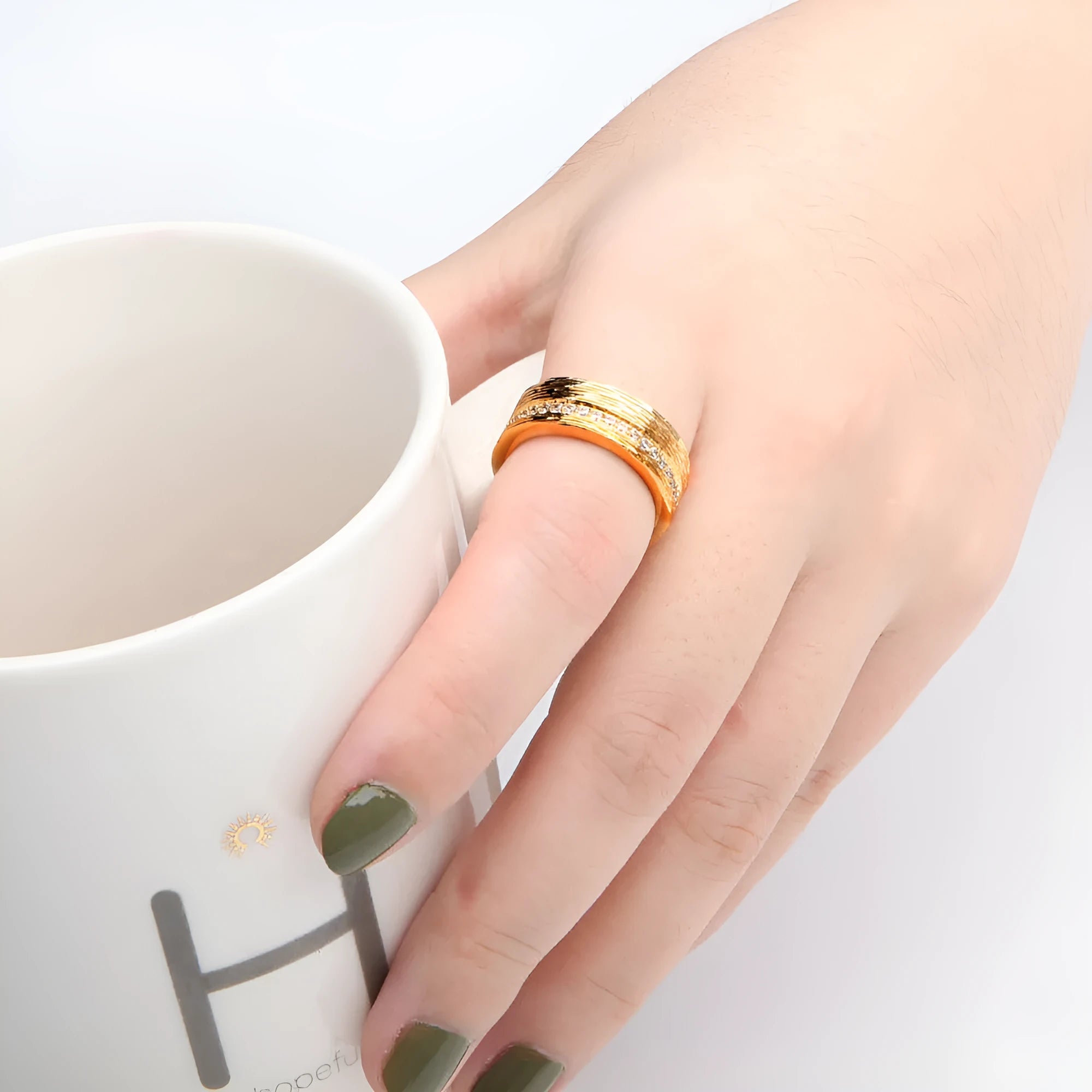 Geometric gold electroplated copper women's ring showing clean lines and contemporary design