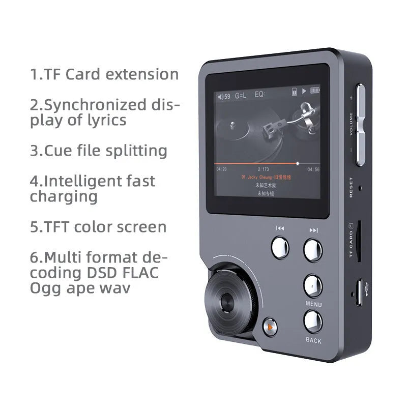 Master HIFI DSD256 lossless music player Silver Grey with push-button controls and 2-inch screen