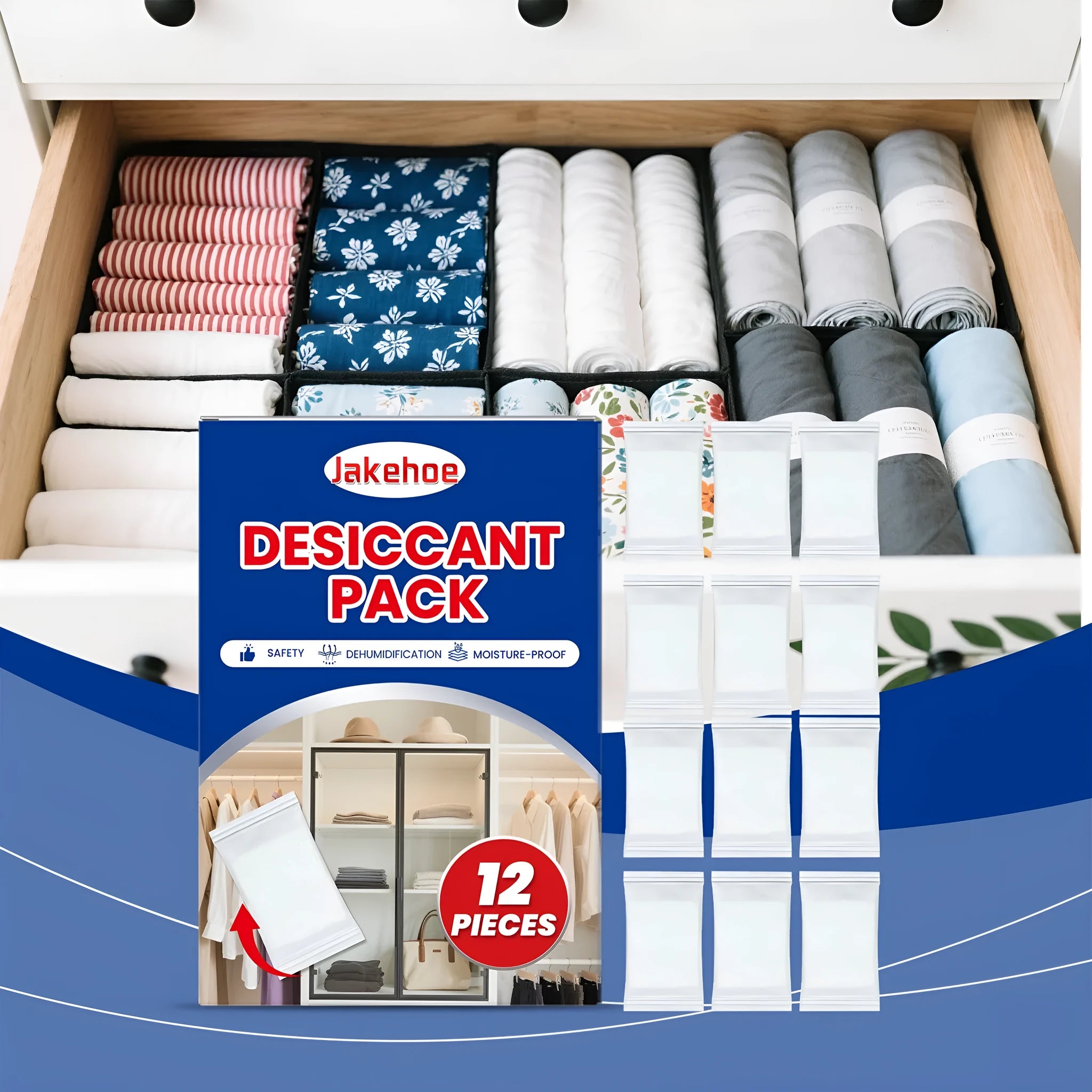 Pack of 12 white calcium chloride desiccant units for cupboard and wardrobe moisture control.