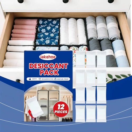 Pack of 12 white calcium chloride desiccant units for cupboard and wardrobe moisture control.