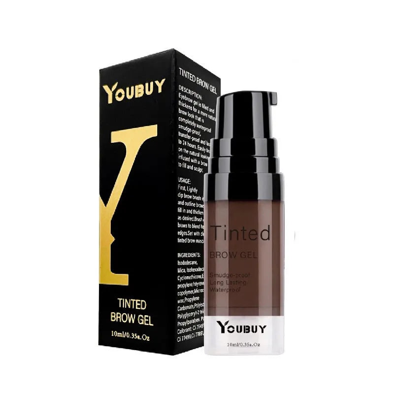Brow cream tube in dark grey and golden yellow shades for waterproof, quick-drying eyebrow definition