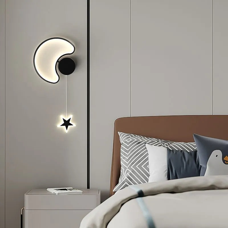 Children's cloud and star themed LED bedside wall lamp in black or white.