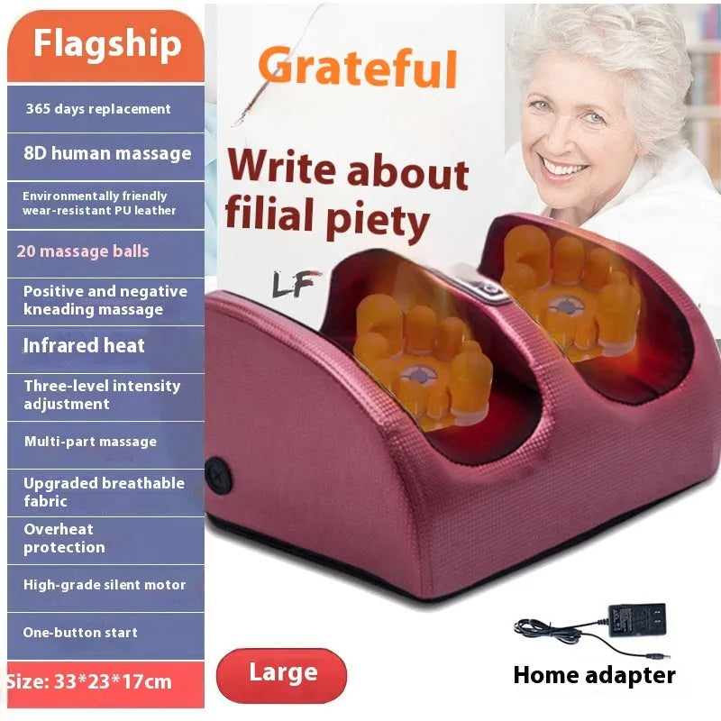 Automatic electric foot massager machine in gold colour with remote control on a wooden floor