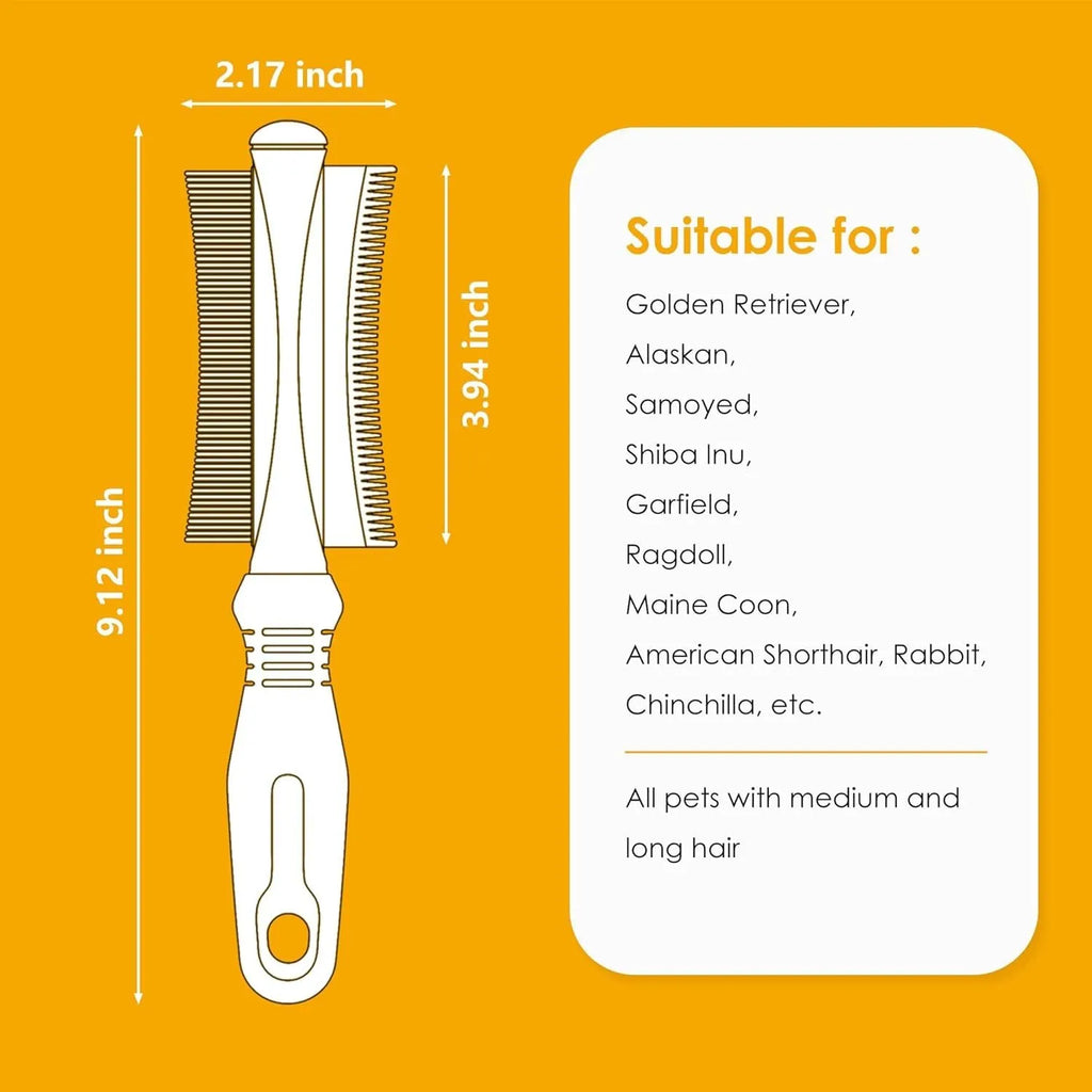 White 2 in 1 pet grooming brush with curved comb and deshedding sides