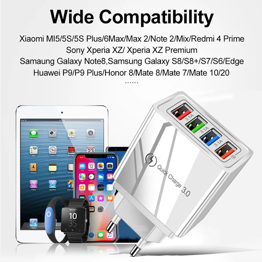 Multi-port 3.1A USB charging head with four ports and interchangeable UK EU US plugs in black colour