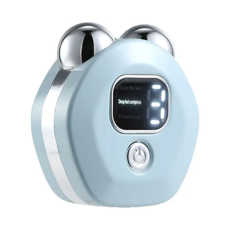 Portable white facial massage instrument with dual rollers and a USB charging cable.