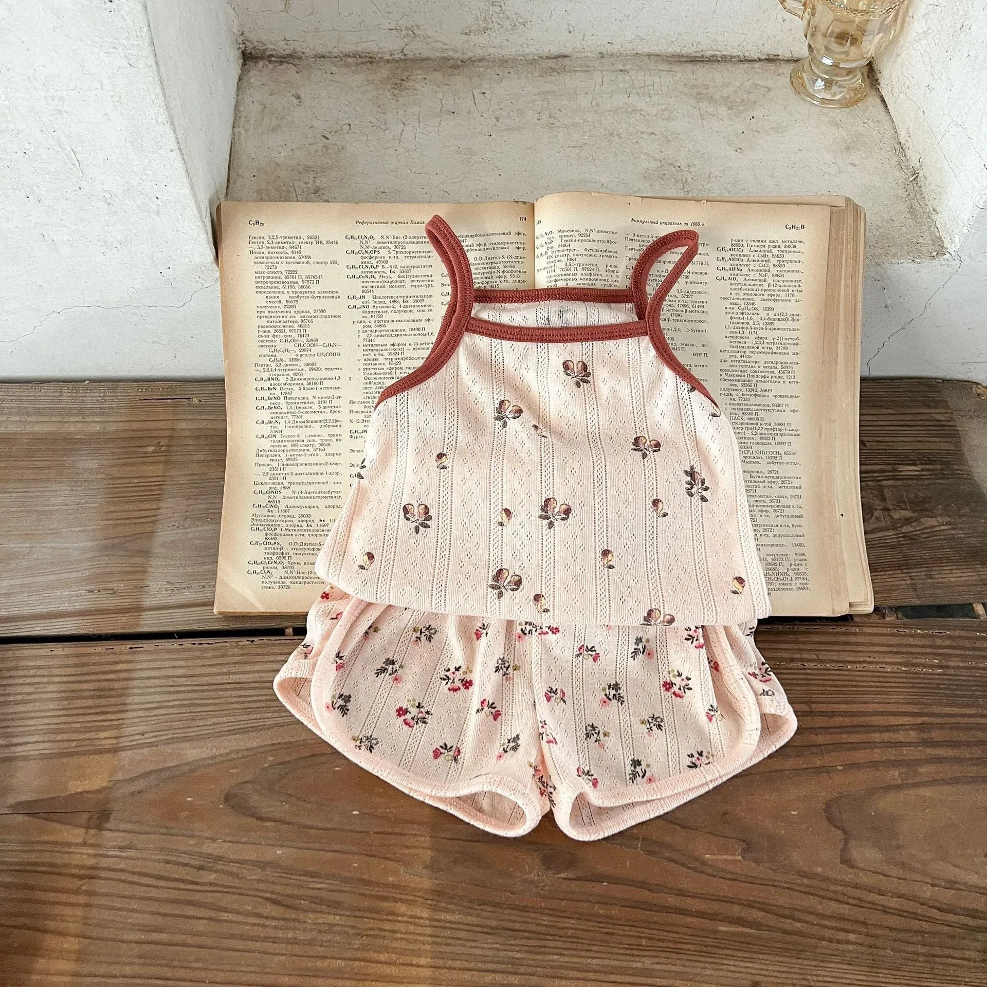 Children's cotton corduroy Danish style summer pyjama set with pullover top and shorts in floral print