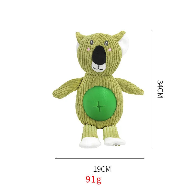 Animal-shaped stuffed dog toy in three bite-resistant colours Green Orange Purple on a white background