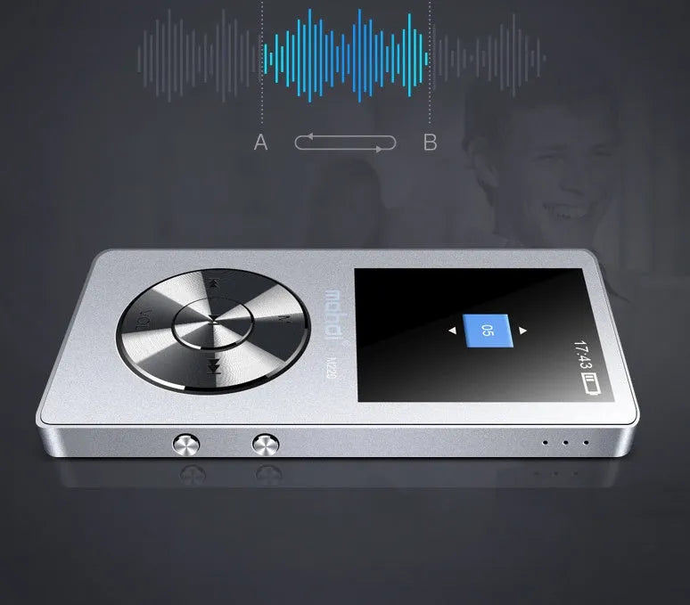 Gold all-metal MP3 music player with 1.8-inch screen showing menu, 3.5mm headphone jack, and control buttons.