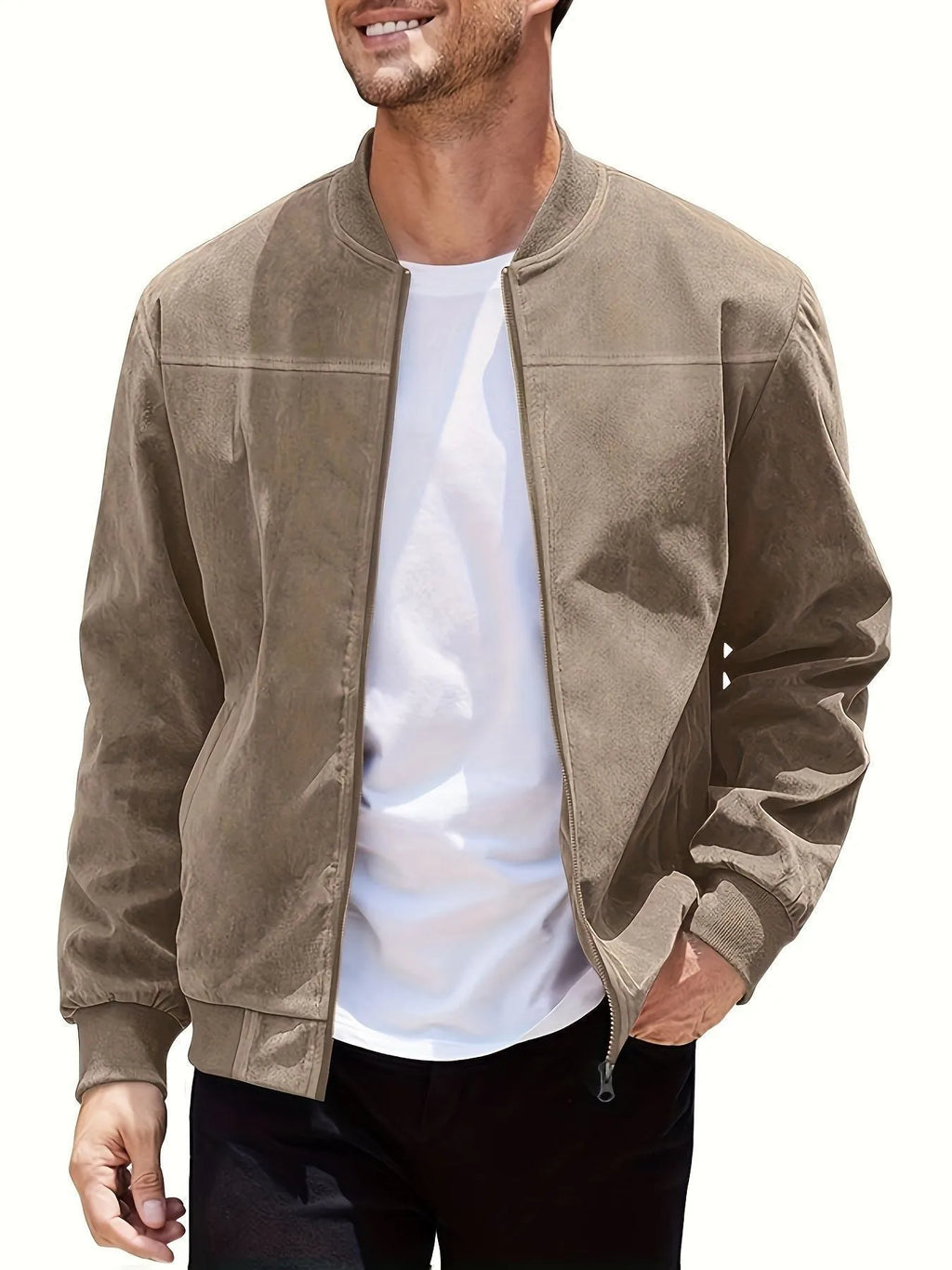 Men's plus-size casual jacket in suede fabric with a front zip, shown in Army Green colour.
