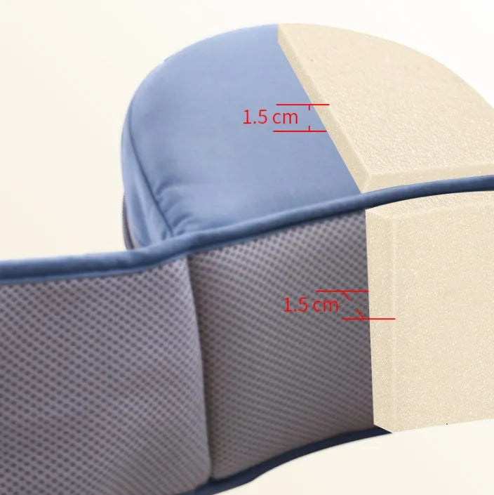 Baby carrier waist stool walker in blue with padded waist belt and hipseat, front zipper bag and side mesh bag visible
