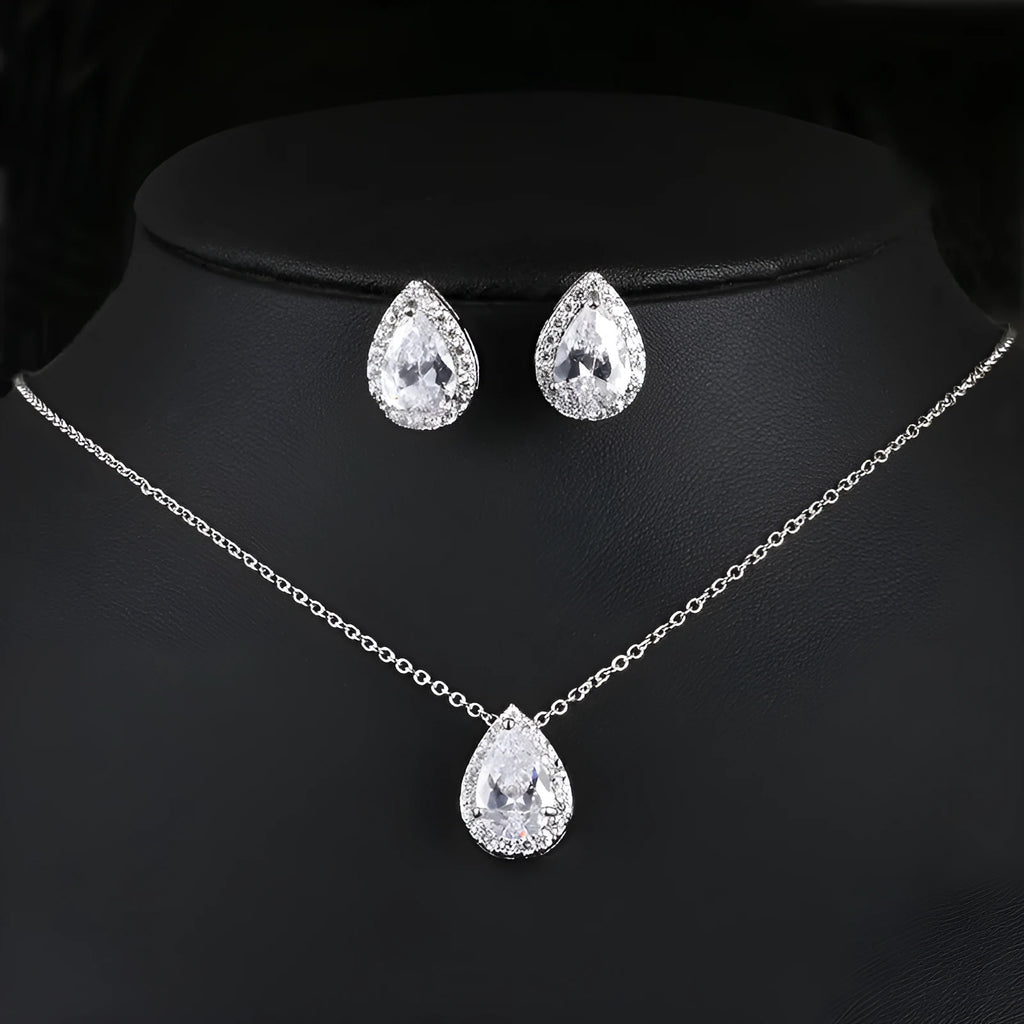 Water drop gemstone necklace and earrings jewellery set in copper and zircon, adjustable chain 51-80cm, rose gold finish