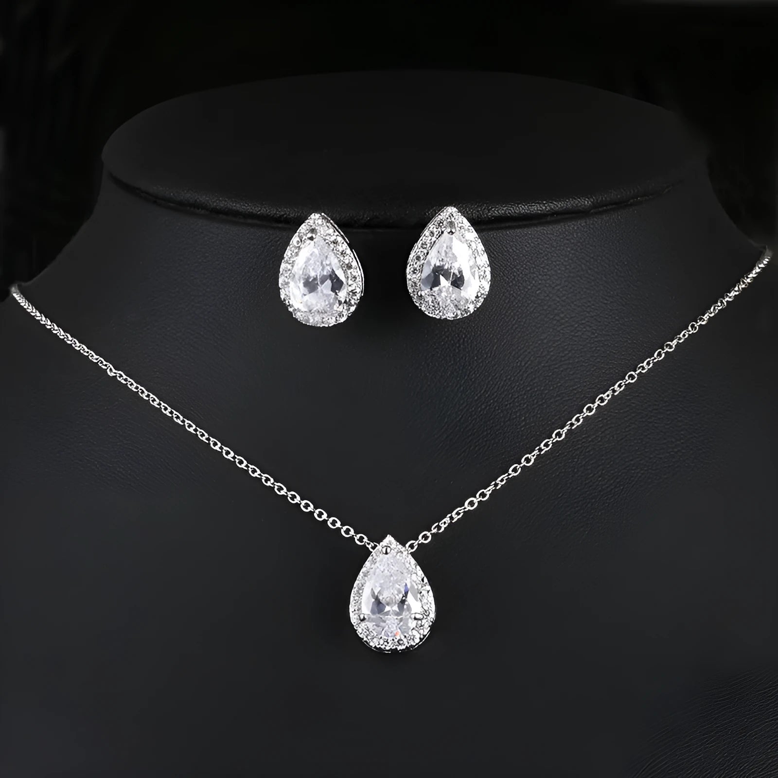 Water drop gemstone necklace and earrings jewellery set in copper and zircon, adjustable chain 51-80cm, rose gold finish