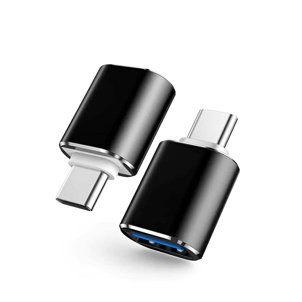 USB Type-C to USB-A OTG adapter in three colour options: black, silver, and gold