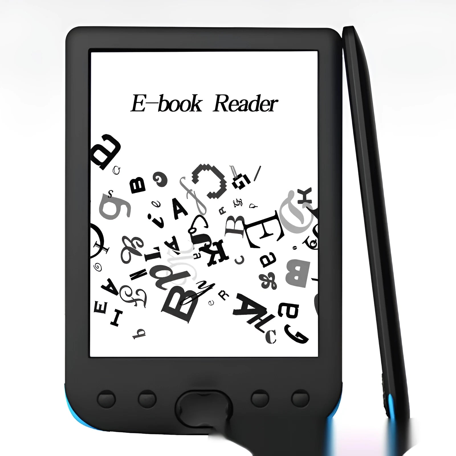 Black 6-inch e-book reader with E-ink screen and anti-glare display showing book text