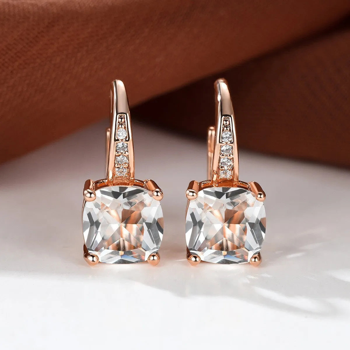 Square zircon geometric ear hook earrings in electroplated copper with Korean style design