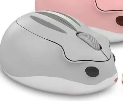 Hamster Wireless Mute Mouse in grey, pink, or yellow colour on a desk.