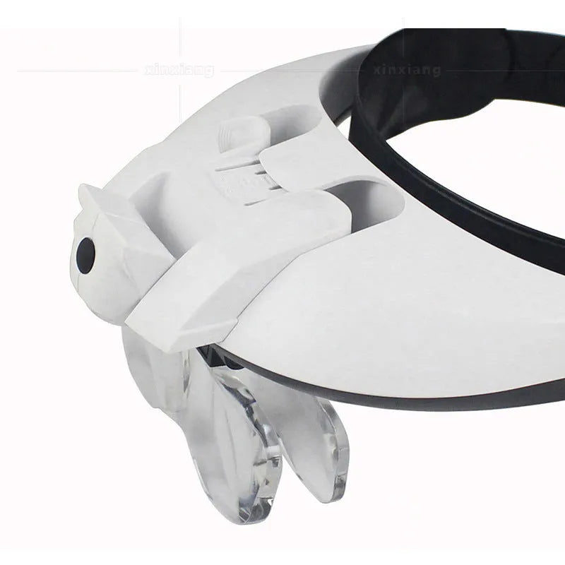 Head mounted magnifier with five lens plates and dual LED light on adjustable head strap