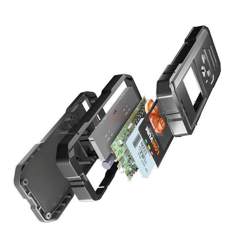Multifunctional wall detector unit held against a plasterboard wall showing detection depth display