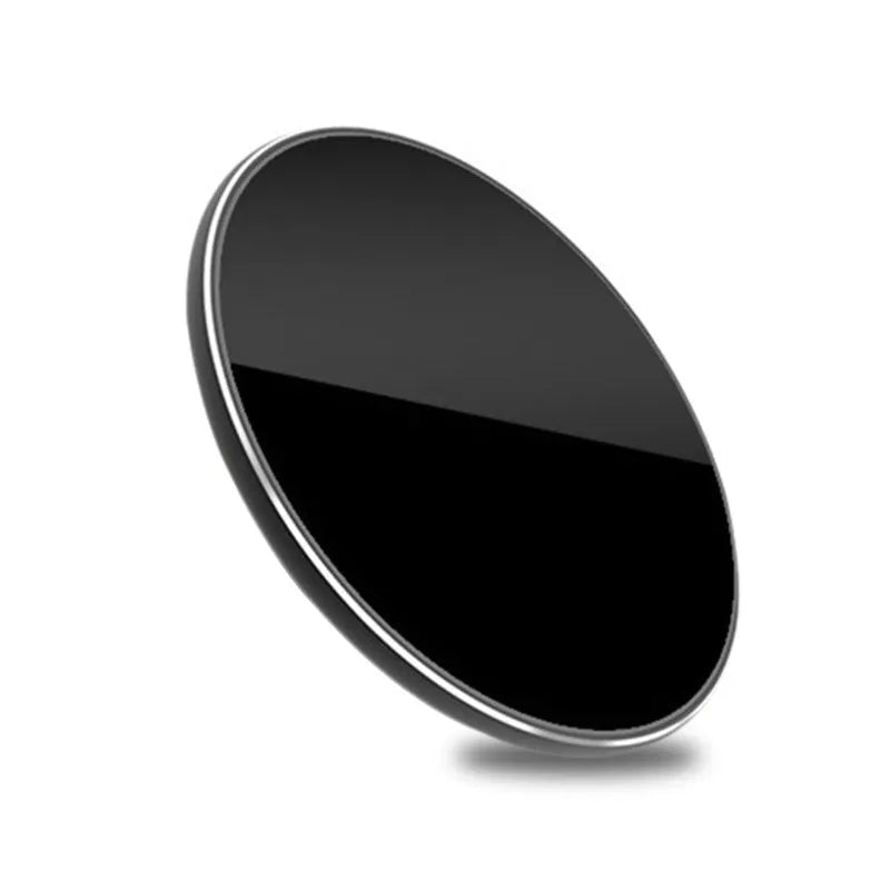 Ultra-thin aluminium alloy wireless charging pad in a choice of colours showing LED indicator and Micro USB port.