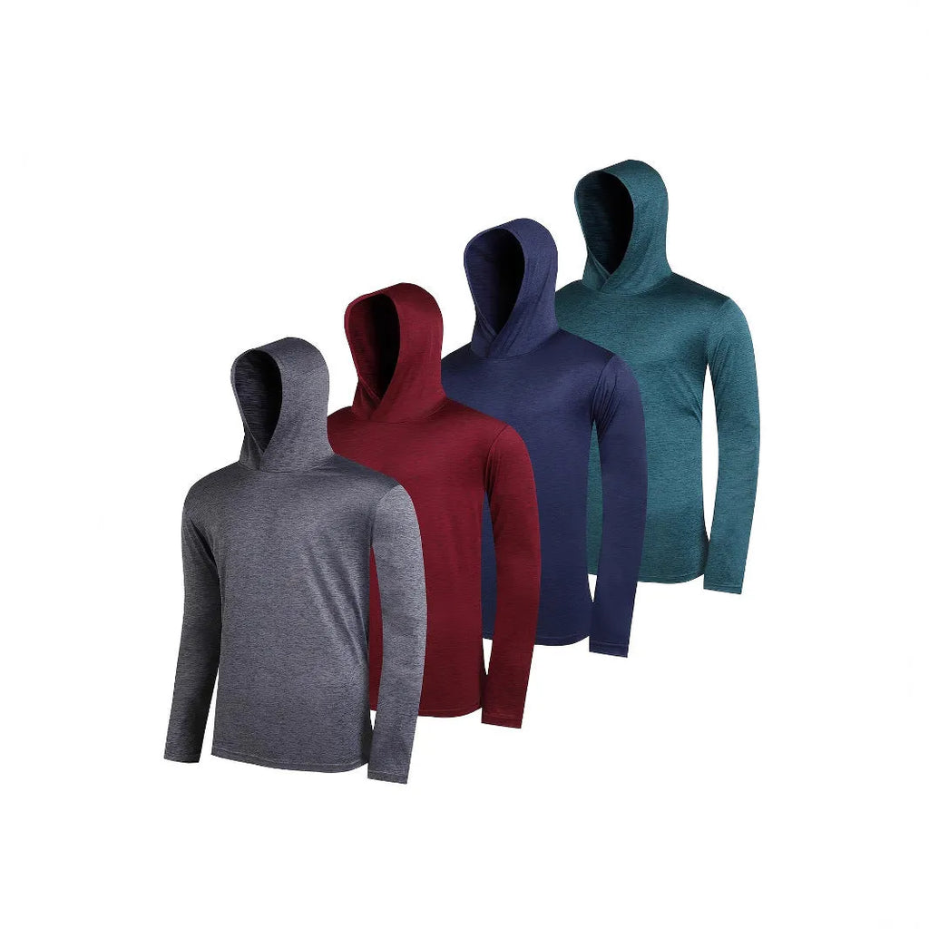 Four men's lightweight polyester hoodies folded showing different colours and both hooded and non-hooded styles