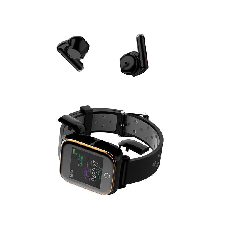Black smart watch with integrated Bluetooth earbuds showing 1.4 inch display with heart rate data