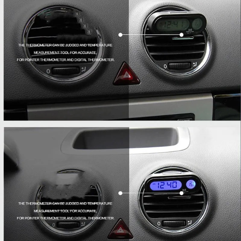 Black car clock thermometer with LED display and adjustable dashboard mounting bracket