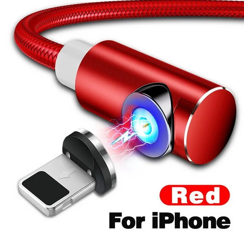 L-shape magnetic charging cable with aluminium housing in black, red, gold, or silver, showing Micro USB, Lightning and Type-C plug heads.