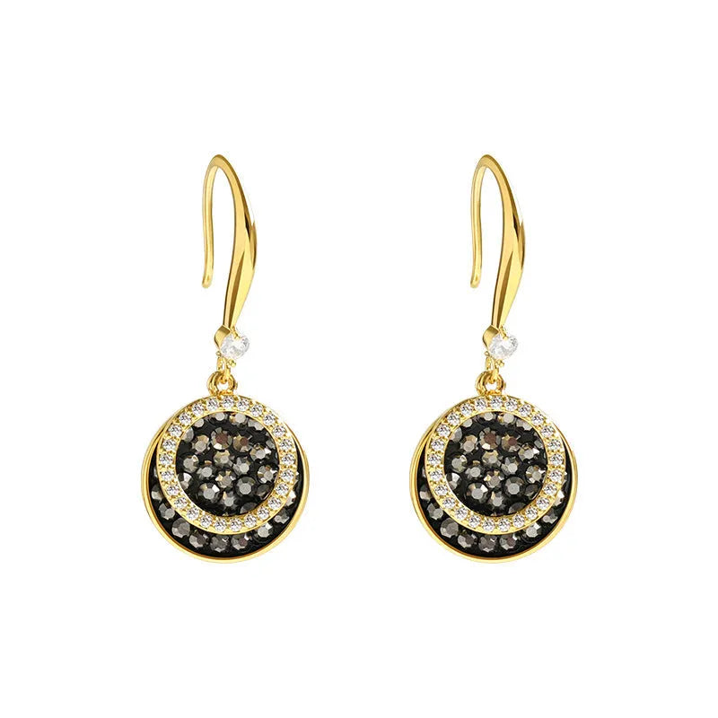 Black geometric alloy earrings with round piece design measuring 3.6cm in length