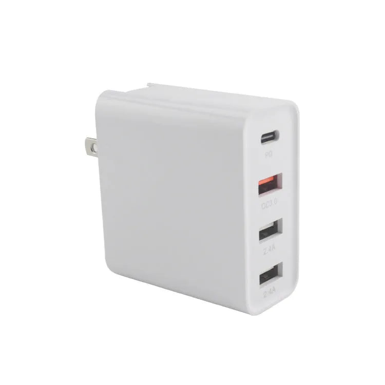 Four-port USB-C PD wall charger with international plug adapters in black or white