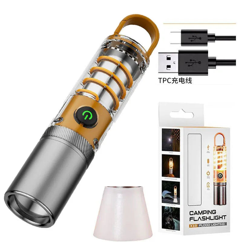 Orange or beige 10W rechargeable LED flashlight with optical zoom and keychain