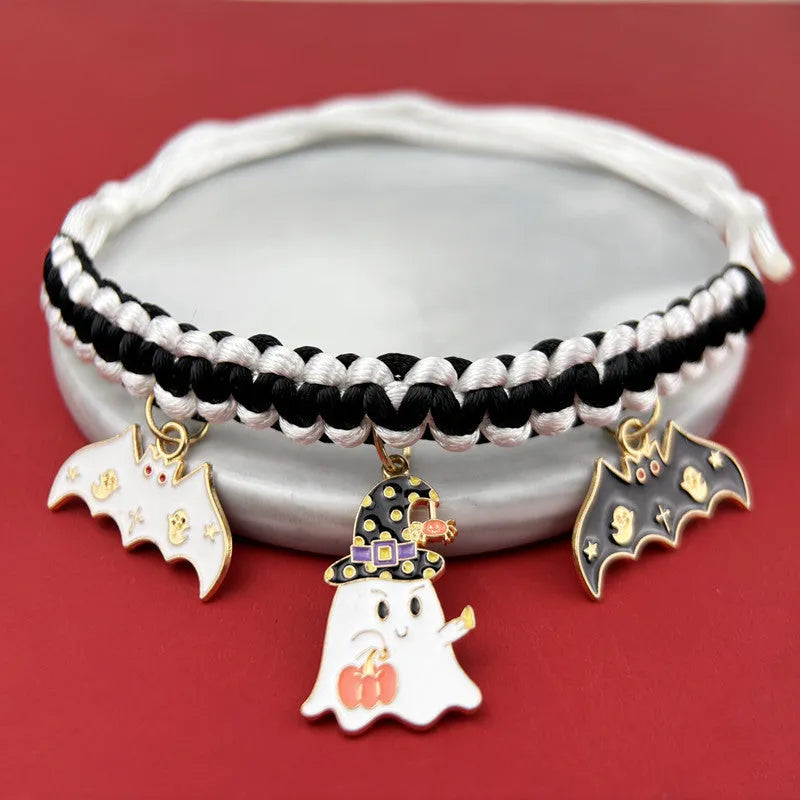 Zinc alloy hand-woven Halloween pet collar with geometry pattern, adjustable 15-38cm, black and orange pumpkin bat style