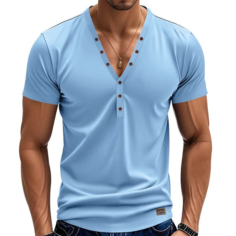 Men's loose thin V-neck pullover top with button design in chemical fibre blend fabric, shown in light blue colour